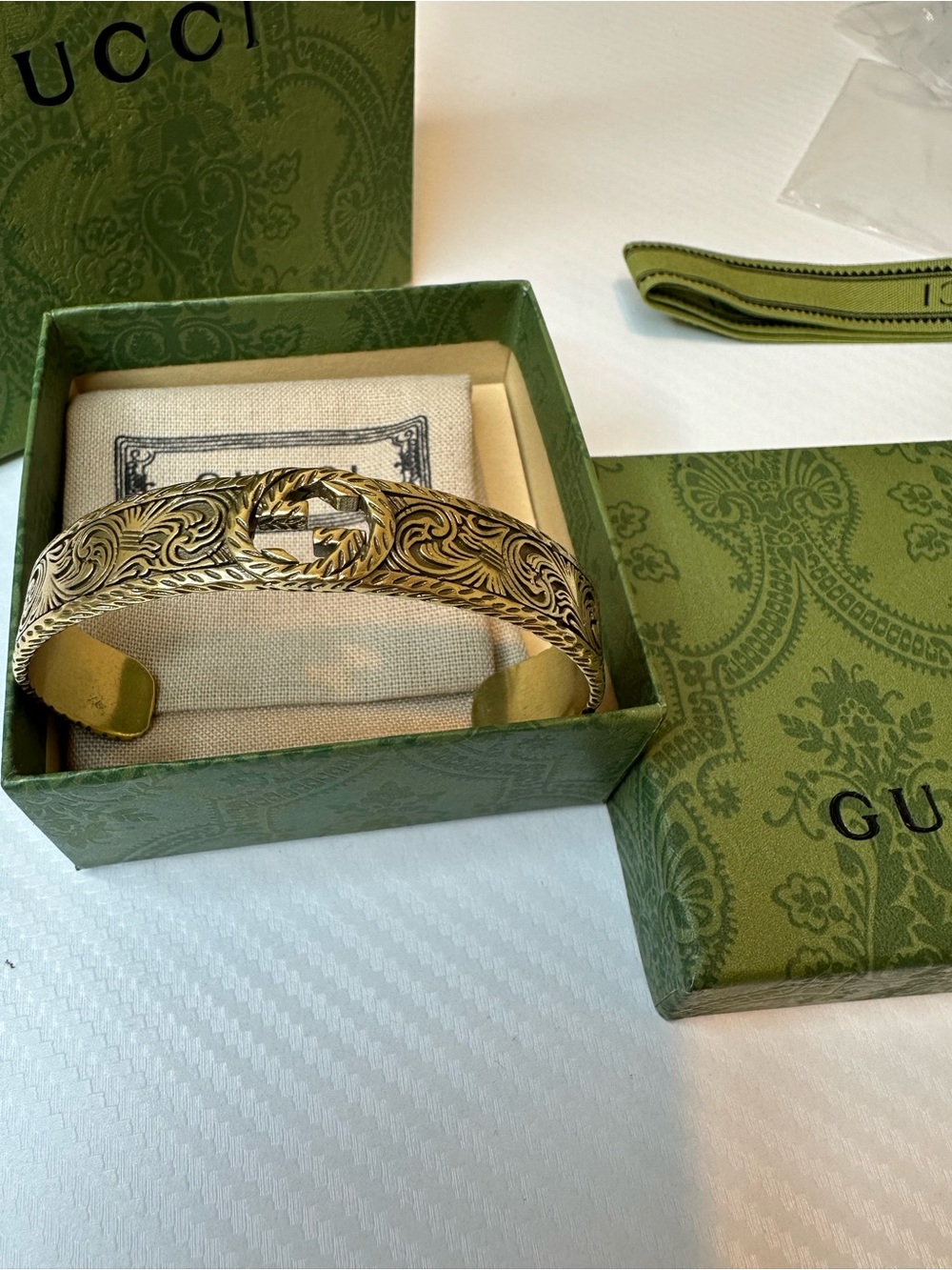 Gucci Gold-Tone Engraved Hinge Bracelet with Signature Cutout